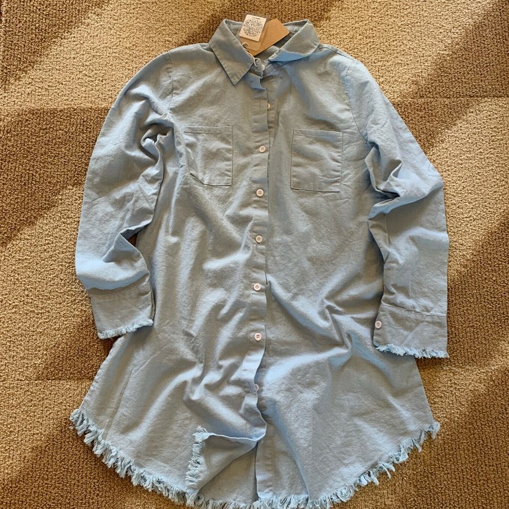 New Boho Freyed Hem Button Up Denim Dress Chambray - Picture 4 of 6